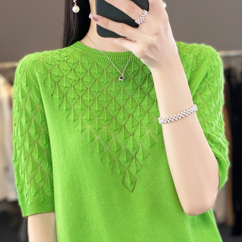 Imitation Wool Casual Solid Color Summer Hollow-Out Comfortable Base Shirt Thin Short-Sleeve Knit Pullover Top