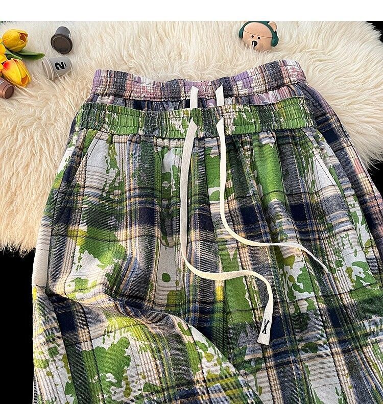 Men's And Women's Tie Dye Plaid High Waist Street Style Shorts Casual Retro Straight Five Point Beach Outerwear_viptrois.com