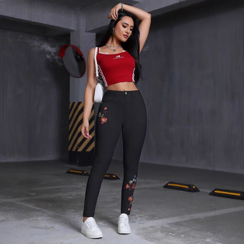 2025 High-Waisted Cross-Border European and American Embroidered Denim Pants for Women, Hip-Lifting, Sexy, Amazon High-Waisted Stretch Skinny Pants