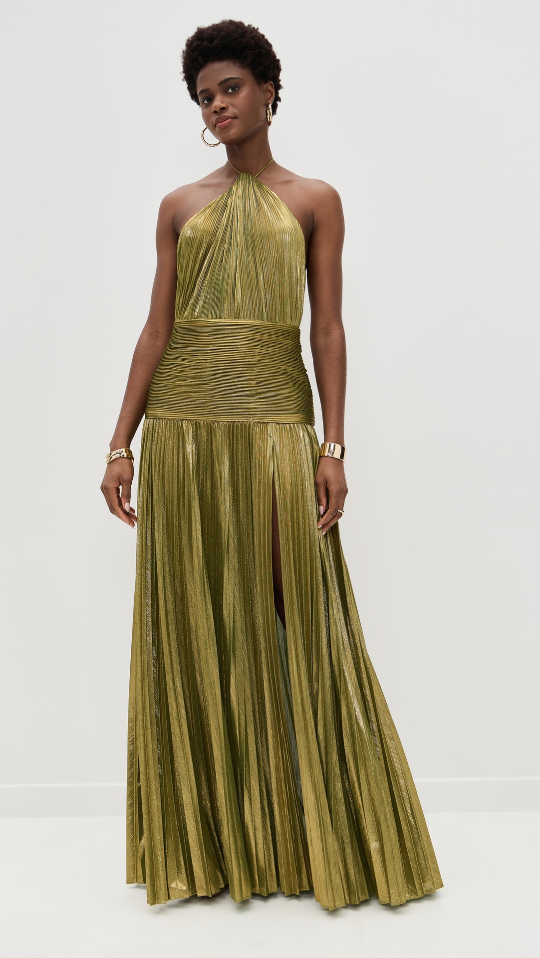 ​​"Women's Metallic Pleated Sleeveless Dress - Backless Tie Neck High Slit Party Dress, Golden/Pinkish/Ancient Gold/Dark Blue/Lake Blue, XS-XXL"​​_ecoleips.com