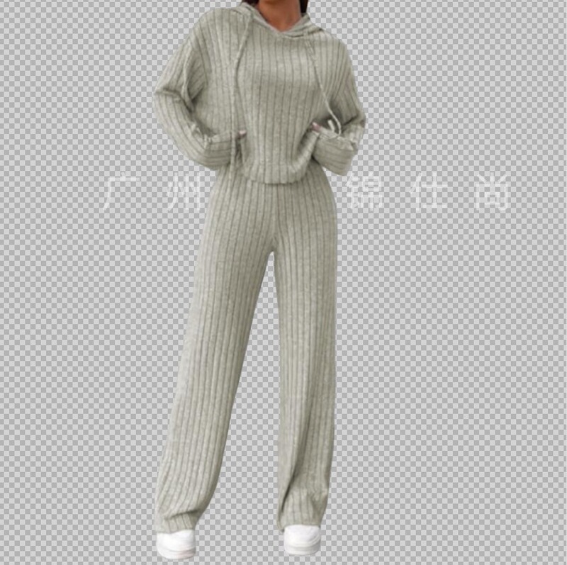 Cross-Border European and American Foreign Trade Spring and Autumn New Casual Knitted Striped Hooded Sweatshirt Loose Long-Sleeved Trousers Women's Suit