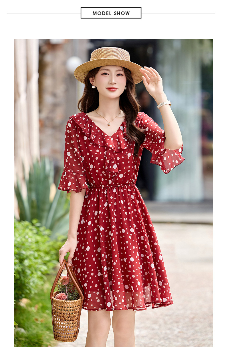 Đầm maxi nữ thắt eo cổ V in chấm bi đỏ — màu đen, màu đỏ chi tiết 21