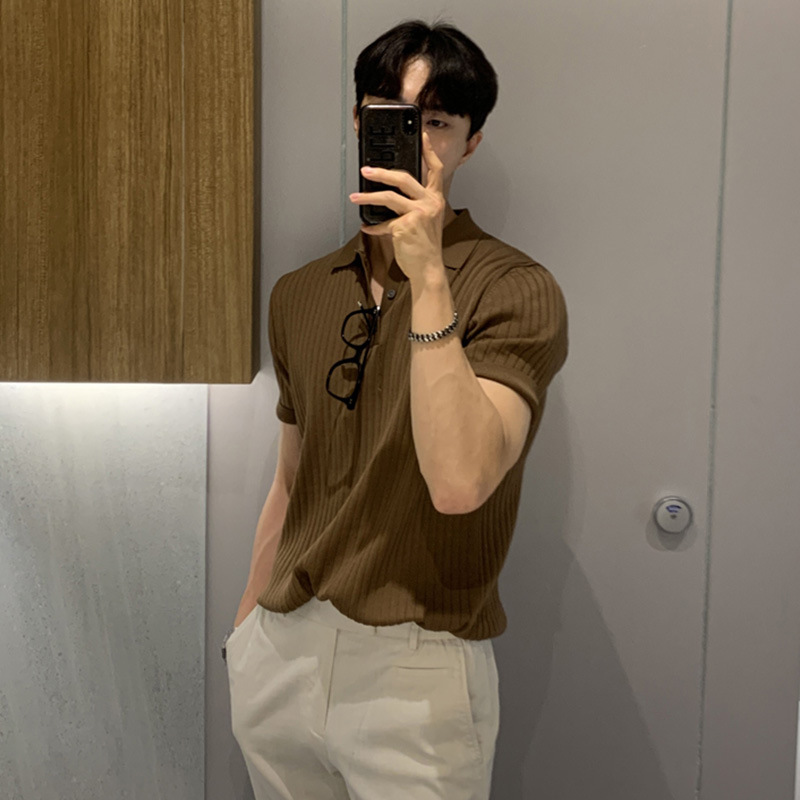 Hong Kong estilo solapa Polo manga corta marca de moda de los hombres suelta casual verano Delgado color sólido suéter camiseta bottoming camisa