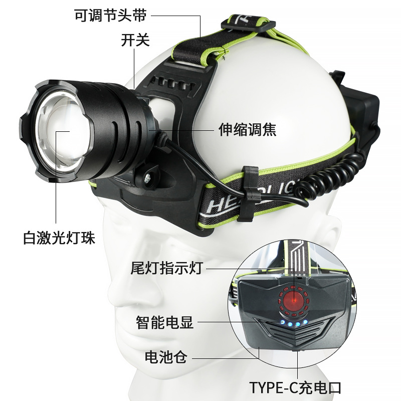 Transfronterizo al aire libre faro láser blanco de larga resistencia de aleación de aluminio de enfoque telescópico de carga USB lámpara de pesca montada en la cabeza