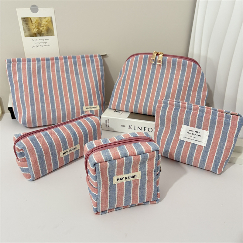 Korean Style Striped Canvas Cosmetic Bag Simple Portable Inner Storage Bag Large Capacity Skin Care Toiletries Bag