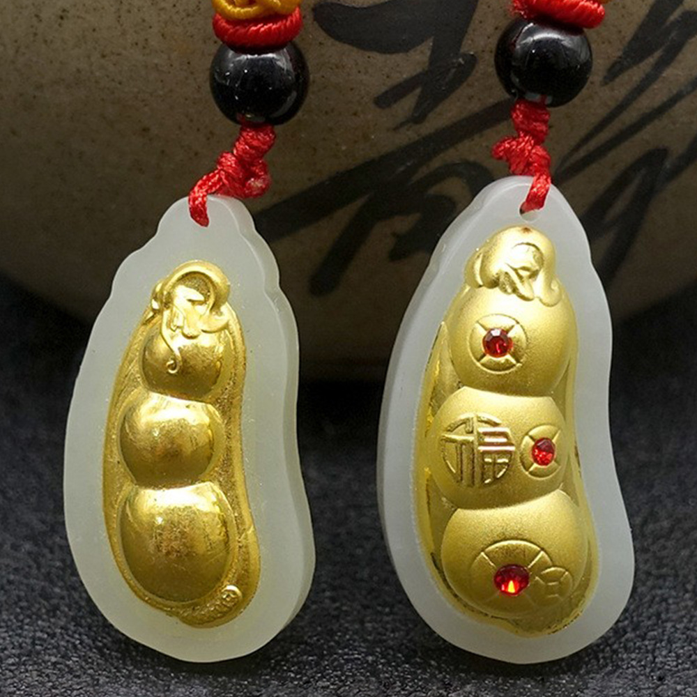 Jin Xiang Yu Green beans Pendant Nephrite Set Sufficient gold men and women Four seasons Ping An buckle Jade Pendant gift wholesale