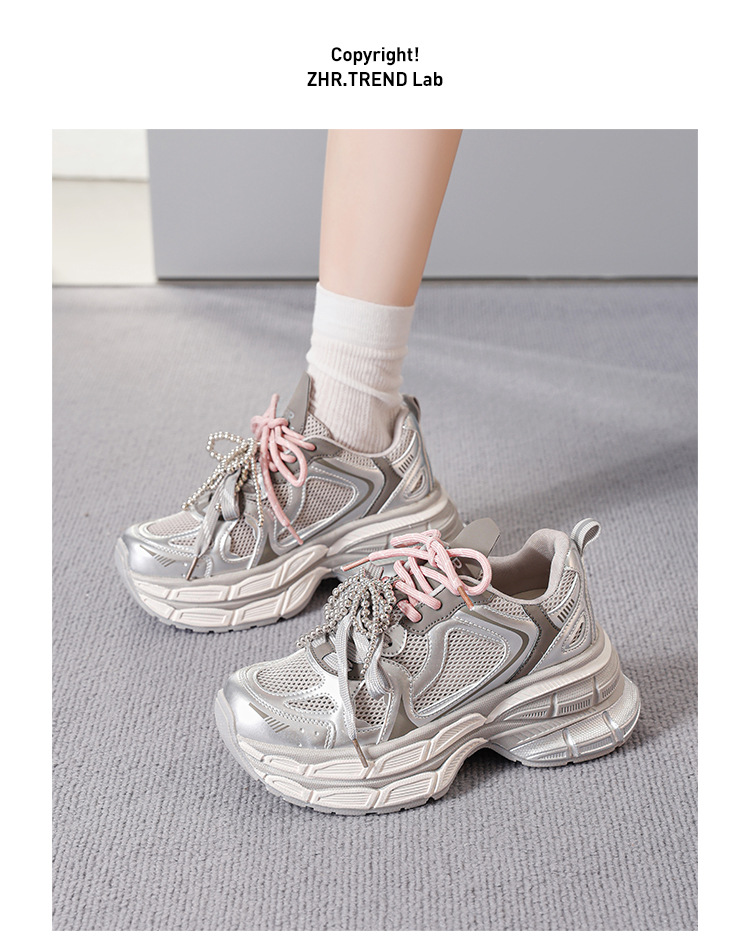 Giày sneaker nữ chunky đế dày 7,8cm mặt lưới thoáng khí dây ngọc trai — KD29E Màu be chi tiết 14