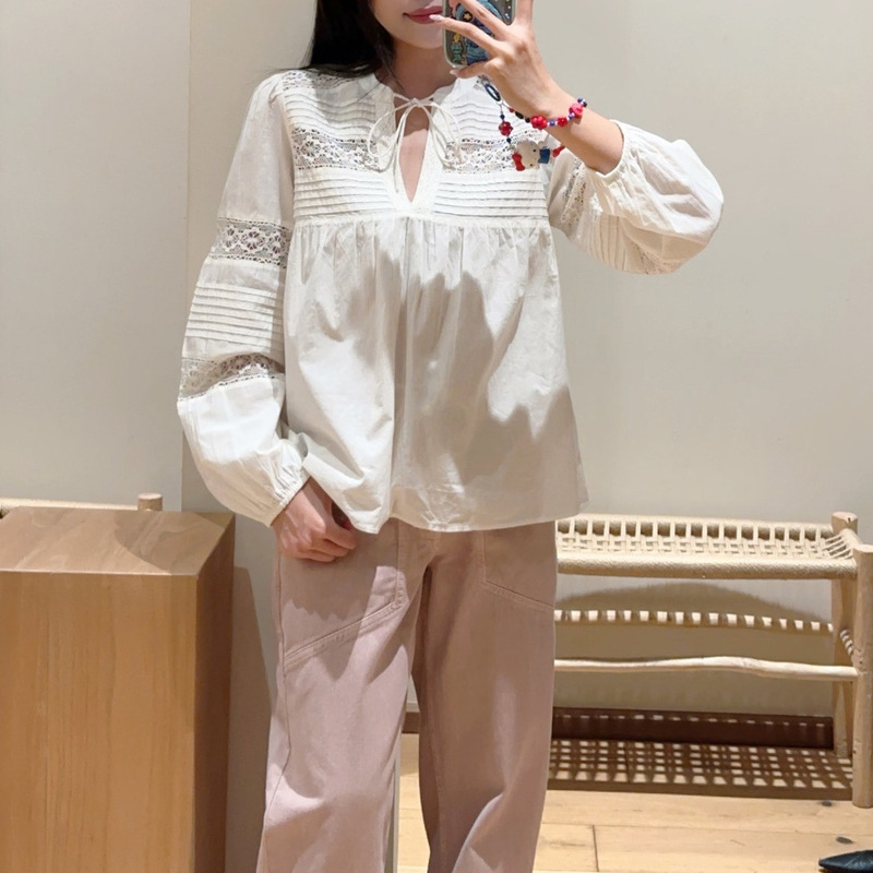 In Stock Bs Spring New Style Bohemian Style Off-White Lace Splicing V-Neck Tie Shirt Cotton Top for Women