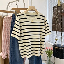 2023夏季新品韩版简约条纹短袖针织衫冰丝柔软亲肤百搭上衣2325