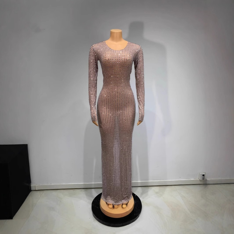 STOCK Cross-border Long-sleeved Rhinestone Mesh Performance Costume Sexy High-bounce Perspective Prom Dress Ming Man Stage Dress