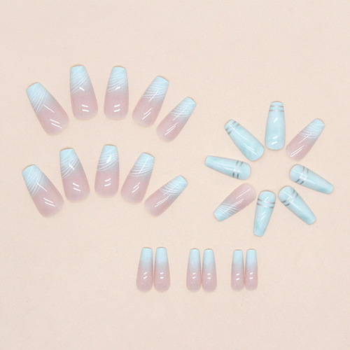 Mid-length gradient green fresh manicure white irregular lines fake nails small fresh silver lines ins style beauty