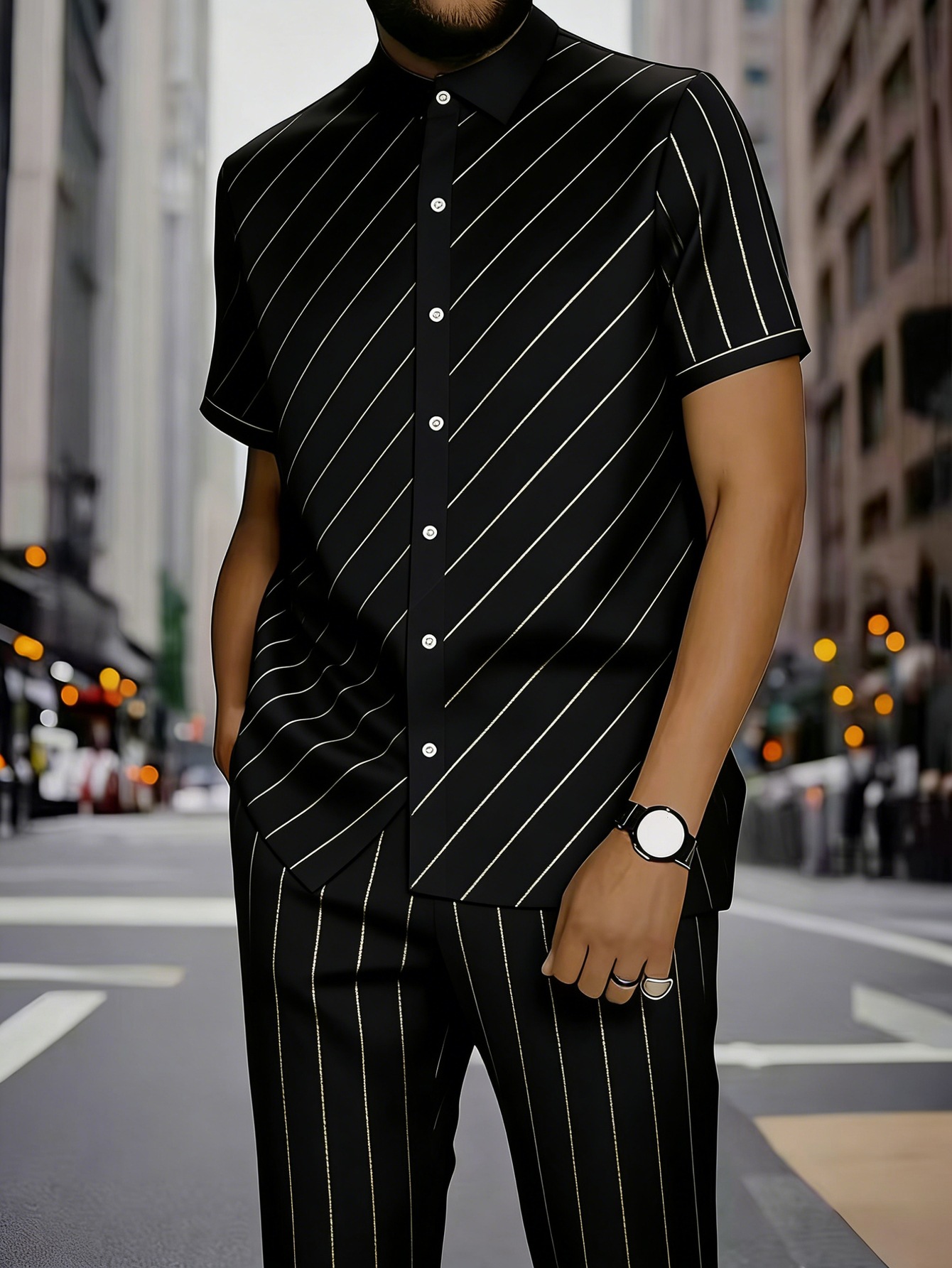 Men's Clothing Men's Commuter Style Short Sleeve Shirt And Shorts Set Collared Geometric Print Spring Summer_viptrois.com