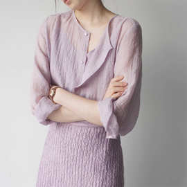 淡紫小圆领透视压褶小衫含吊带法式温柔时髦小众衬衫女2023