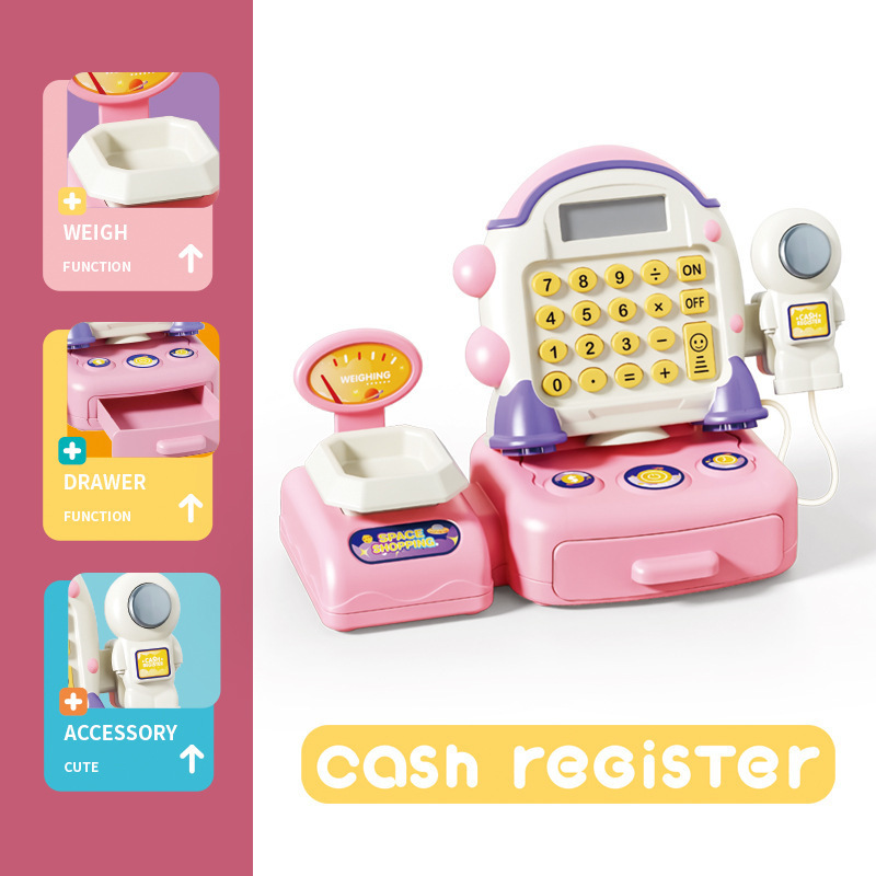 Simulación transfronteriza de niños supermercado de compras de escaneo de cálculo caja registradora juego de caja registradora de astronautas caseros juguetes
