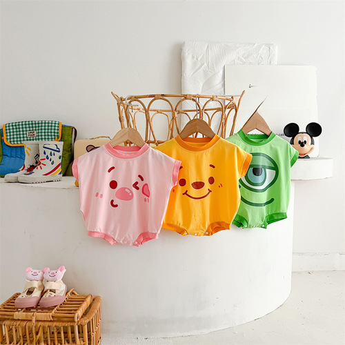 Baby Triangle Pajamas for Boys and Girls - Summer Macaron Pink Piggy with Green Big-Eyed onesie