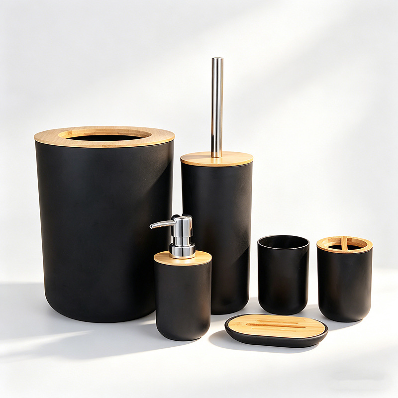 Kit de baño set de artículos de higiene set botella de desinfectante de manos cepillo de dientes taza cepillo de inodoro bote de basura set de 6 piezas image 15