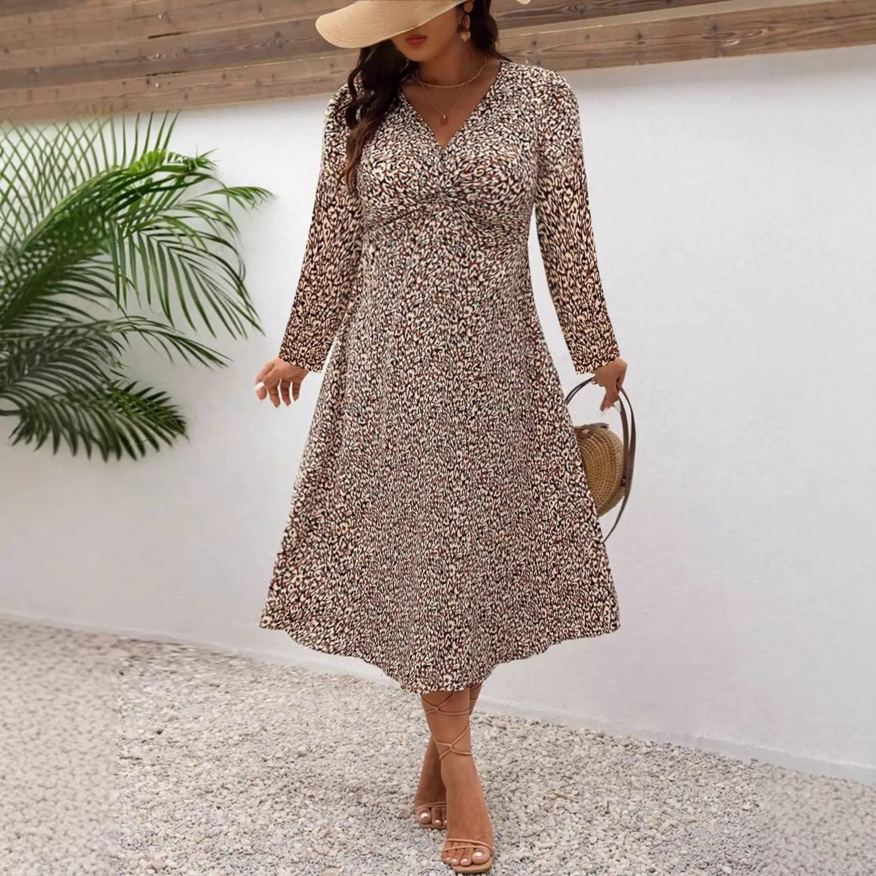 2025欧美跨境女装亚马逊扭结豹纹印花长袖大码女式连衣裙特大码