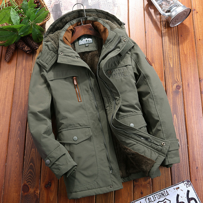 [8186] cotton-padded coat men's fleece-lined thickened winter cotton-padded jacket windproof waterproof jacket multi-pocket mid-length cotton-padded coat