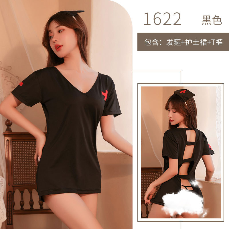 블랙 (간호사 스커트 + T 팬츠 + 헤어밴드)