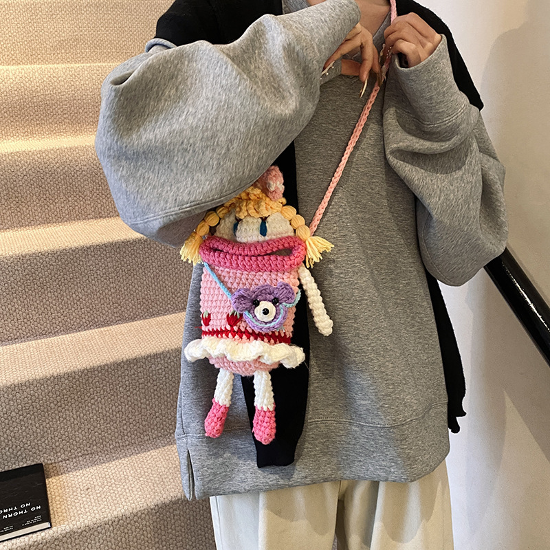 New Cute Handmade Crochet Bag Cartoon Big Mouth Girl Doll Wool Bag Finished Woven Women's Crossbody Bag