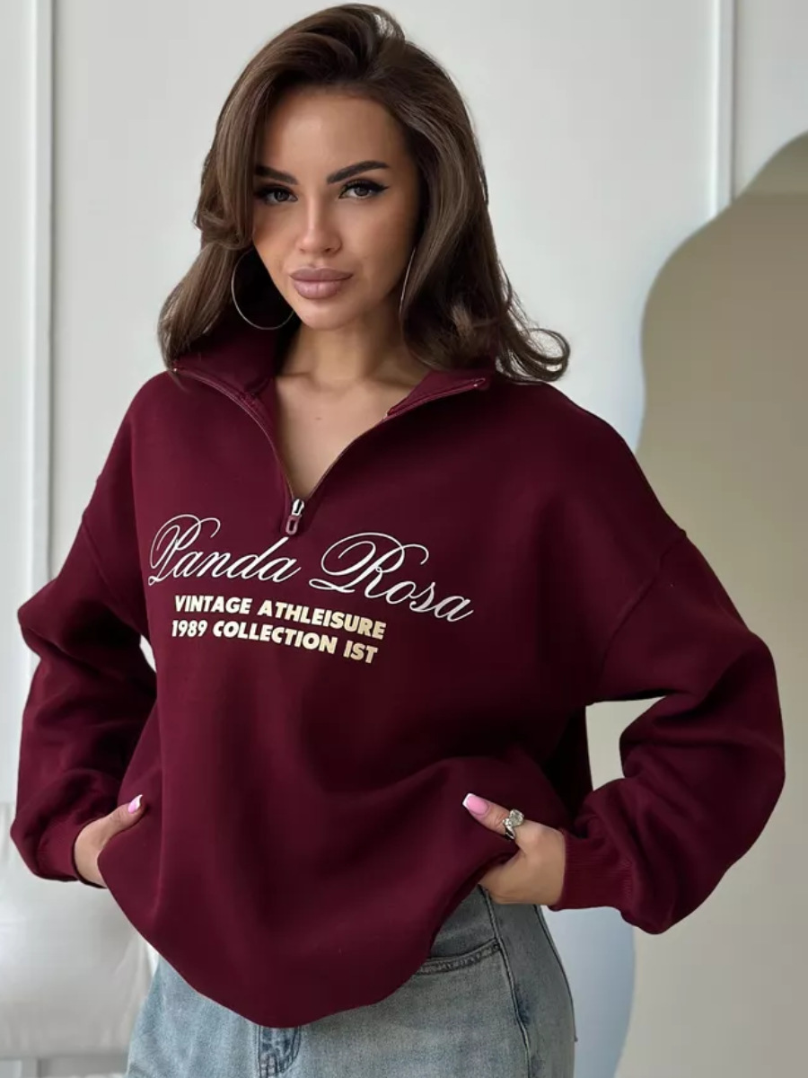 Felpa con cappuccio, mezza zip, calda, larga, foderata in pile, autunno-inverno, versatile, con stampa sul davanti_voghion.com