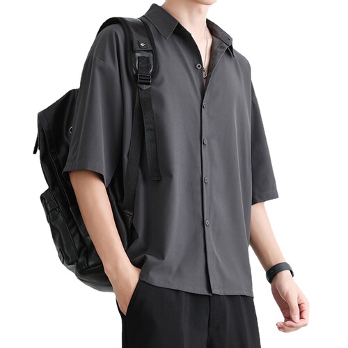Short-sleeve shirt for men, loose iron-free collarless jacket, half-sleeve Hong Kong-style drape coat, cool rebel men's top, summer thin version