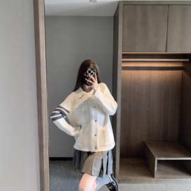 TB秋冬季加厚男女同款粗针翻领外套经典四杠休闲翻领开衫外套