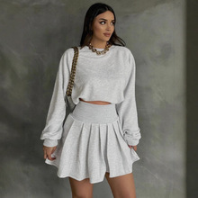 亚马逊跨境2024秋冬新款纯色长袖卫衣百褶裙两件套时尚休闲套装女