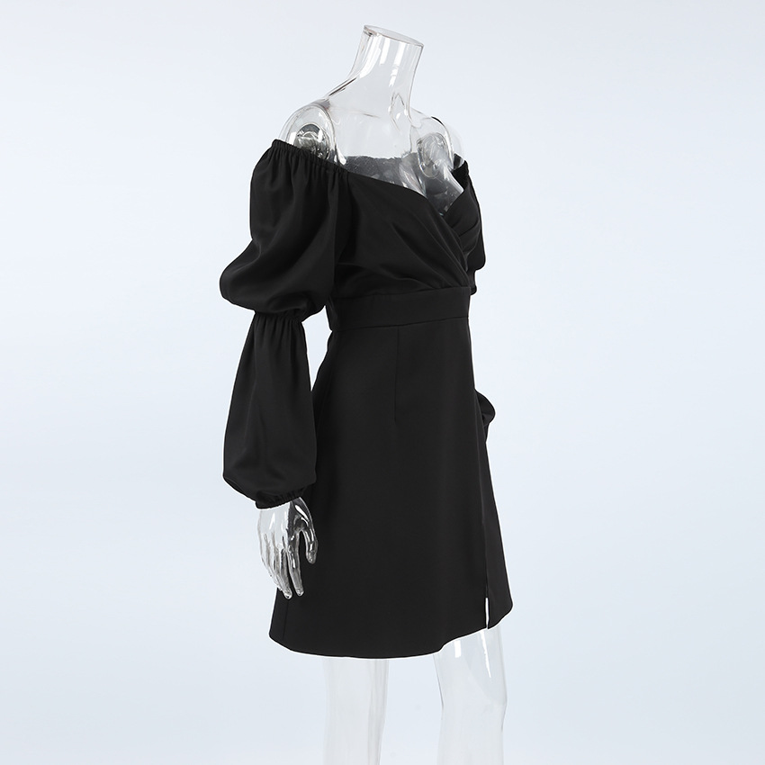 Autumn Winter Sexy Mysterious V neck Long Sleeve Office Pleated Slim Fit Slit Classic Dress Black Dress