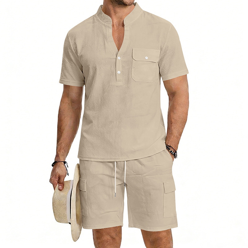 Men's Linen Henley Short Sleeve Shirt & Shorts Set, Breathable Summer Casual Outfit For Outdoor Travel And Daily Relaxation_viptrois.com
