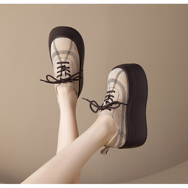 Giày sneaker nữ chunky đế dày mũi tròn phối màu dây buộc cổ thấp thu đông da thật — màu đen, màu mơ chi tiết 10