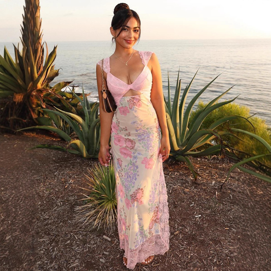 French- Sexy Lace Patchwork Printed Slim-fit Long Dress With Irregular Slit And Hollow-out Design, Summer Vacation_voghion.com
