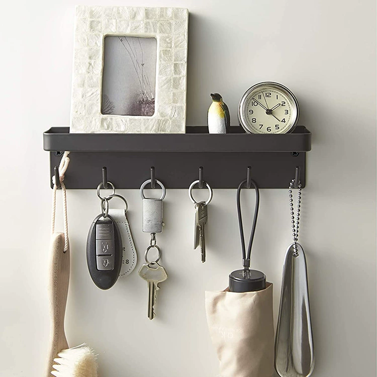 Weiye Home Self-Adhesive Key Holder with 6 Hooks, Wall-Mounted Shelf, White or Black, 24.5x4.5x6cm