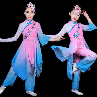 Children girls pink with blue chinese folk classical dance costumes fairy hanfu princess stage traditional fan umbrella Yangko dance performance clothes for kids