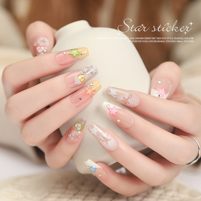 Nuevo en línea popular macaron Linda estrella de dibujos animados decoración de uñas pentagrama hueco uñas pegatinas al por mayor