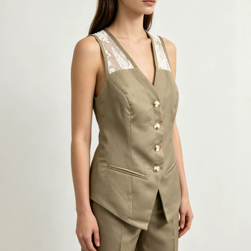 American Retro High-End Style Color-Blocked Lace Buckle Waist-Cinching Vest Summer New Style Pleated Top for Women