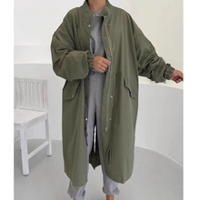 韩国chic秋冬复古慵懒风立领单排扣宽松休闲长袖中长款风衣外套女
