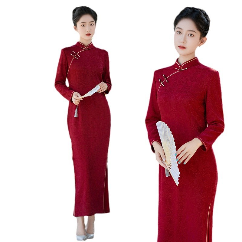 웨딩 미디 슬림 핏 웨딩 원피스 우아한 청삼 2024 여자 긴팔 원피스 겨울 원피스 자카드 원피스