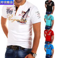 欧码跨境亨利衫夏季男士短袖T恤弹力修身polo英文帆船印花V领欧美