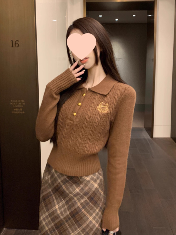 韩系学院风麻花毛衣女秋季2025新款气质正肩翻领套头短款针织上衣|undefined