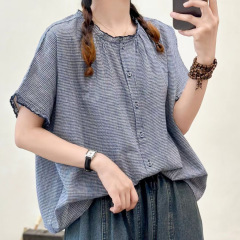 日本の夏の女性の新しい韓国スタイルのチェック柄レース襟シングルブレストルーズ半袖シャツ女性のシャツ