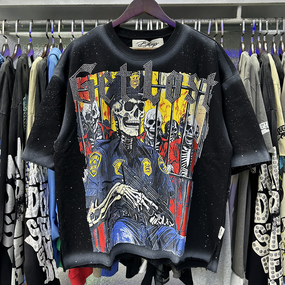 Transfronterizo nueva venta en caliente BKS camiseta de manga corta extraña esqueleto retro lavado de agua caliente perforación en caliente para hombres y mujeres de moda en stock lotes