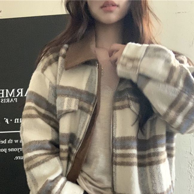 小香风复古格子西装毛呢外套女款春秋款夹克灯芯绒拼接宽松BF上衣|undefined