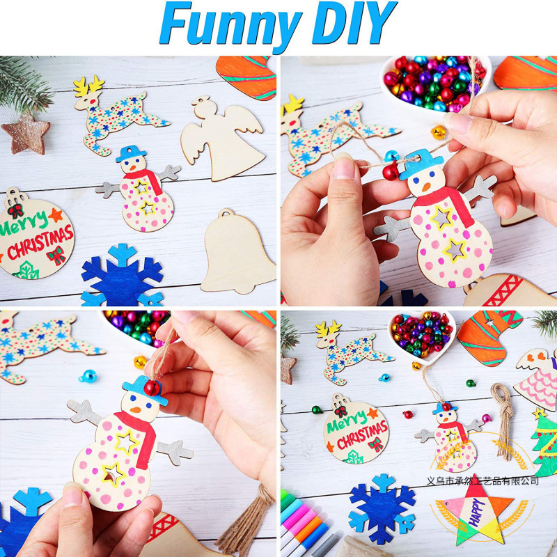 木製クリスマスオーナメント 無地落書き絵画テンプレート DIY クリスマスツリーハンギングデコレーションセット|undefined