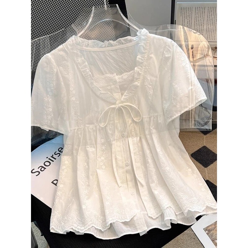 Lace Patchwork Tie-Up Faux Two-Piece Short-Sleeve Shirt for Women, 2026 Summer New Sweet Edge Doll-Style Top