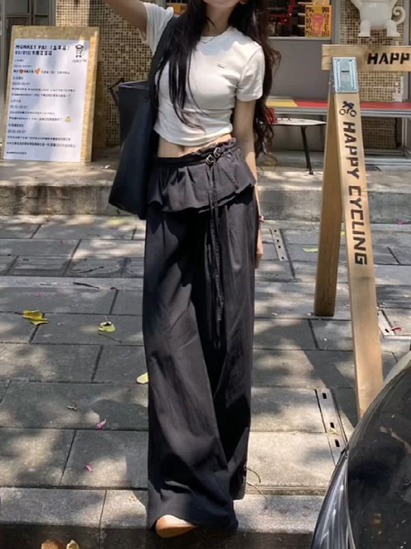 甜酷辣妹美式风花边工装休闲裤女夏季设计感黑色宽松显瘦阔腿裤子|undefined