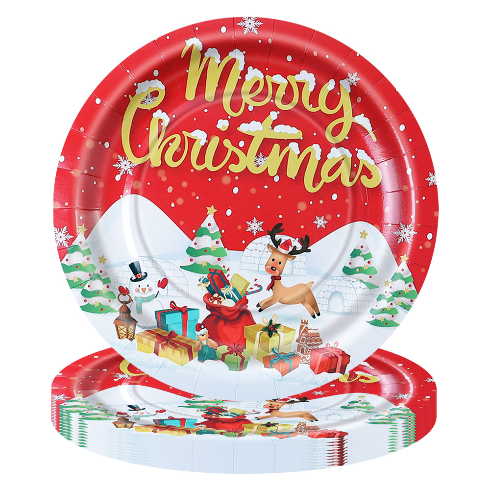 Navidad transfronteriza temática de decoración de la fiesta suministros de decoración de la bandeja de papel desechable de Navidad toallas de papel tazas y cubiertos set