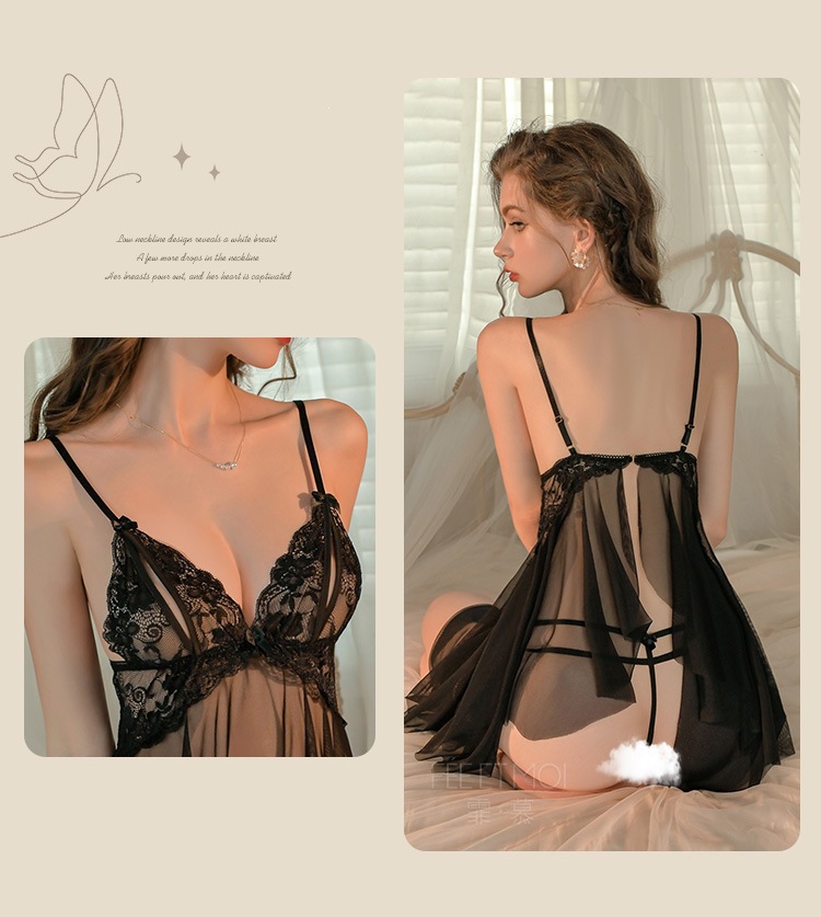 Feimu Nighttime Dream Lace Sheer Nightdress with Matching Thong, See-through Mesh, Open Crotch, One Size — detail image 26