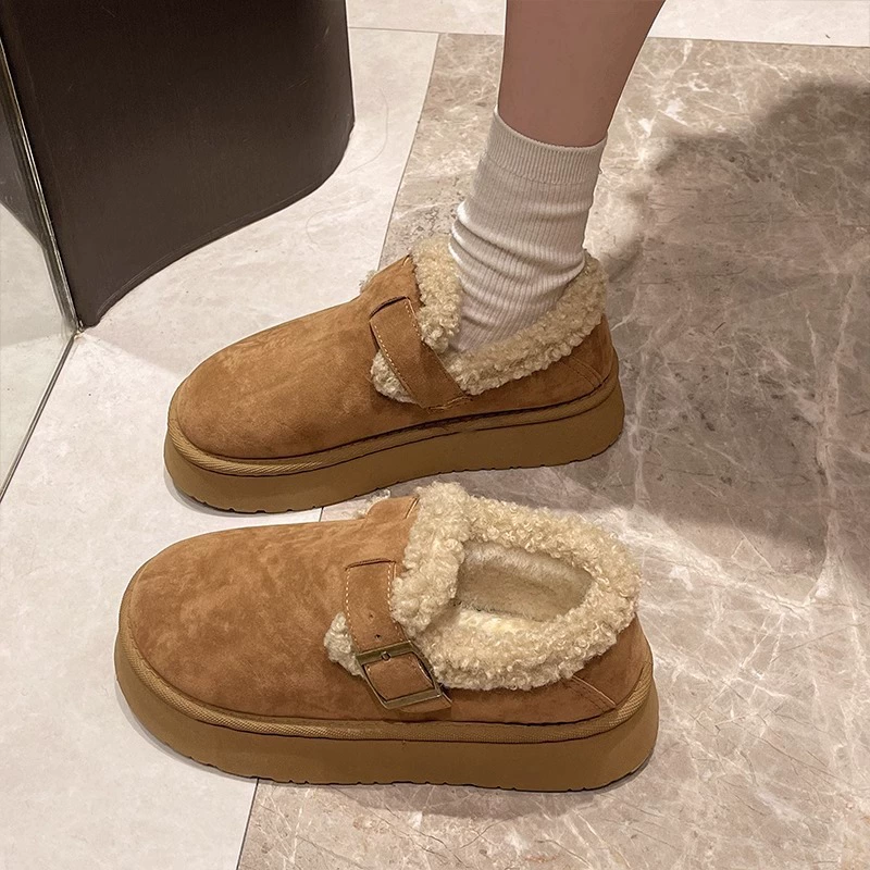 Женские туфли в стиле Birkenstock на толстой подошве с флисовой подкладкой, утолщенные зимние ботинки, новые зимние модные женские лоферы 2025 года, меховые туфли.