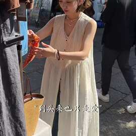 2026新款夏装韩版宽松压褶长款通勤排扣显瘦背心连衣裙显瘦通勤